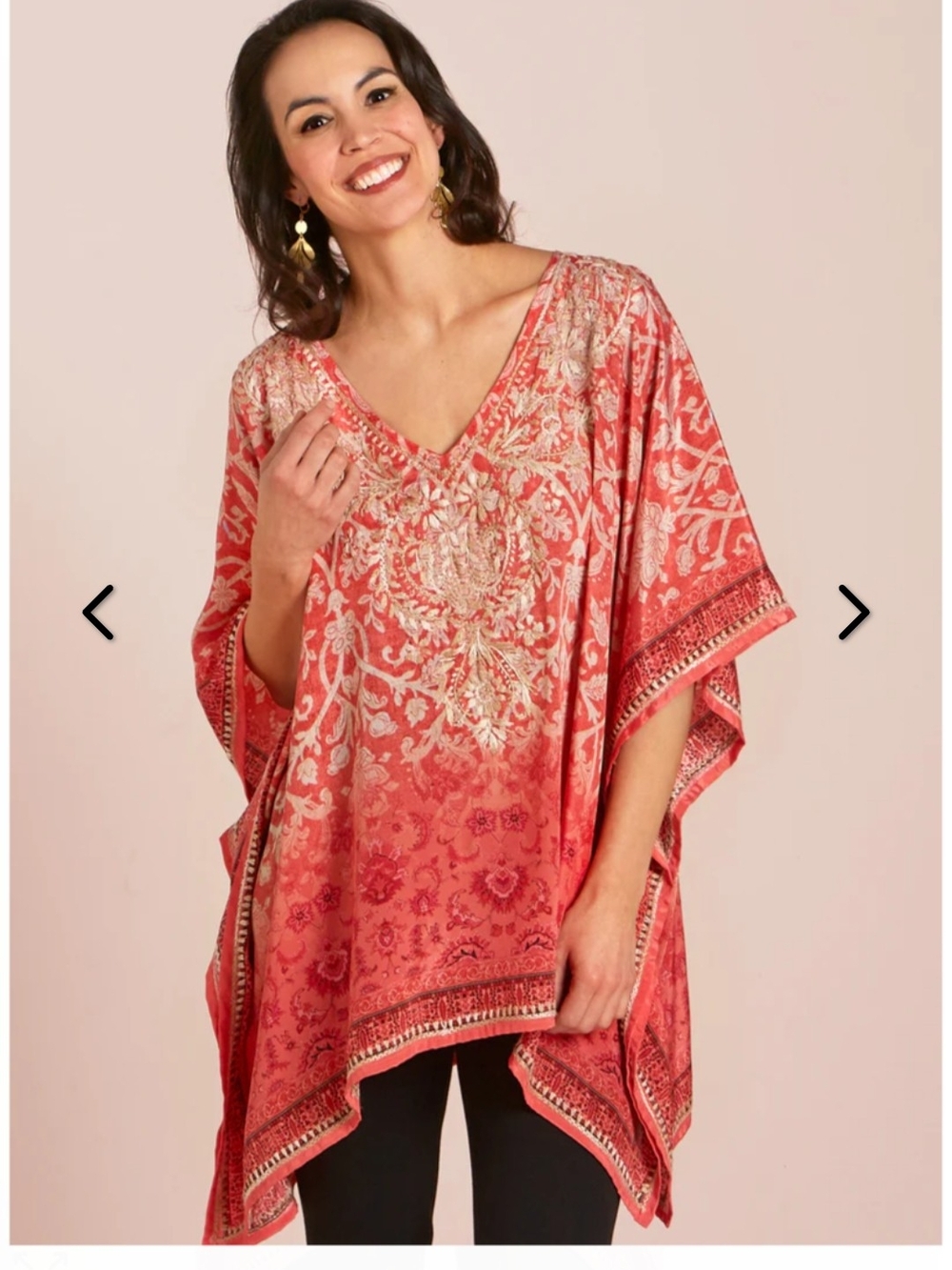 Coral Floral Embroidered V-Neck Poncho